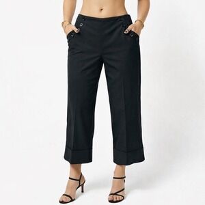 Parallel Sailor Crop Pants Women's 2 Black Nautical Button Wide Leg Cuff